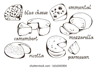 Cheese collection, vector set, isolated on white background, blue cheese, emmental, camembert, mozzarella, ricotta, parmesan with hand drawn text