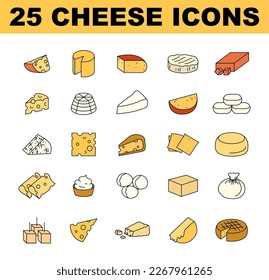 Cheese colored icons set. Simple dairy products illustration. Appetizer or snack of wide ranges of flavors, textures, and forms made by coagulation of the milk. Flat vector illustration