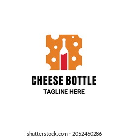 Käsekombination mit Flaschenwein, minimalistisches Vektorlogo-Design auf weißem Hintergrund