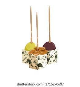 Cheese composition with canape snacks appetizer, grapes, walnut. Logo, ingredient.