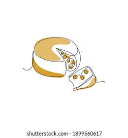 Queso en estilo de dibujo de línea continua. Rueda de queso con agujeros y un trozo cortado. Esbozo lineal negro minimalista aislado sobre fondo blanco. Ilustración del vector