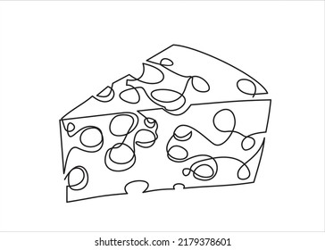 Cheese in continuous line art drawing style. Piece of cut Cheese with holes. Minimalist black linear sketch isolated on white background. Vector illustration