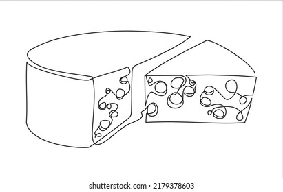 Cheese in continuous line art drawing style. Wheel of cheese with holes and a piece cut from it. Minimalist black linear sketch isolated on white background. Vector illustration