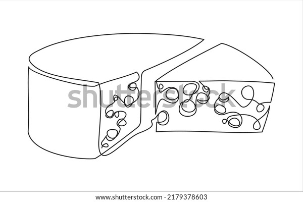 Cheese in\
continuous line art drawing style. Wheel of cheese with holes and a\
piece cut from it. Minimalist black linear sketch isolated on white\
background. Vector\
illustration