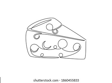 Cheese continuous one line drawing for logo. Contemporary hand drawn sketch, piece of cheese with holes linear icon. Minimalist vector illustration isolated on white background