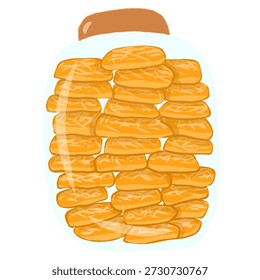 Käsekekse in einem klaren Glas aufbewahrt. Goldene gelbe Käse-Snacks mit herzhafter Textur, die in der Regel als traditionelle hausgemachte Kekse während der Ferien und festlichen Anlässen serviert werden. Geeignet für Bäckerei, Lebensmittelverpackung, Snacklagerung und festliche Konzepte.