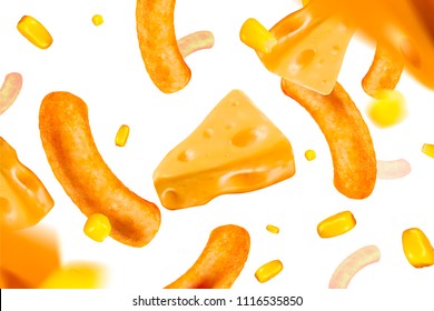 Cheese and corn curls floating in the air, 3d illustration design element