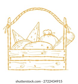 Ilustración de caja de queso, cesta rústica de productos lácteos. Cesta de queso de granja, embalaje y arte de la etiqueta. Caja de queso