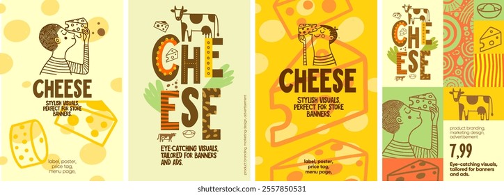 Cheese. Creative cheese-themed designs with playful hand-drawn illustrations, perfect for packaging, posters, and promotional material for food stores.