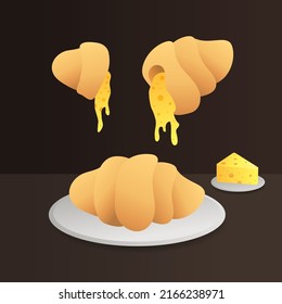 Cheese croissant on plate, slice piece of cheese, melting cheesy, on a dark background vector icon gradient colorful. bakery pastry shop idea concept.