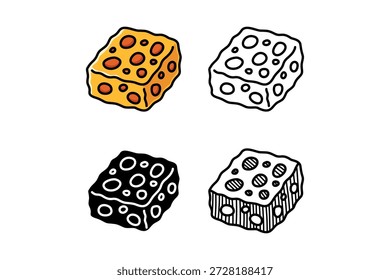Bloque de cubo de queso, queso lácteo, diseño de icono de queso Holey con estilo colorido, contorno, sólido y grabado para aperitivos, cafés, alimentos, culinario. Ilustración vectorial