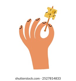 Cheese Cube Canape on Wooden Stick in Hand. Food Vector Illustration in Hand Drawn Style on White Background