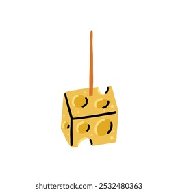 Cheese Cube Canape on Wooden Stick. Cheesy Food Vector Illustration in Hand Drawn Style on White Isolated Background