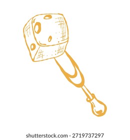 Cubo de queso en tenedor, icono de aperitivo. Mordida de queso bifurcado, boceto de charcutería. Vector de queso en tenedor, símbolo de bocadillo