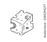 Cheese cubes vector illustration. Outline Drawing of dairy product label or recipe in cookery book. Monochrome etching of cheddar or gouda with holes. Monochrome sketch of food for culinary.