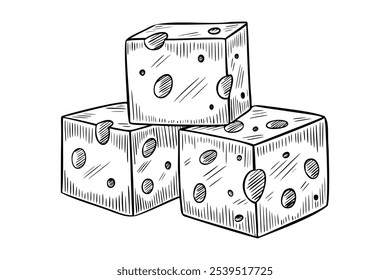 Cheese cubes vector illustration. Outline Drawing of dairy product label or recipe in cookery book. Monochrome etching of cheddar or gouda with holes. Monochrome sketch of food for culinary.