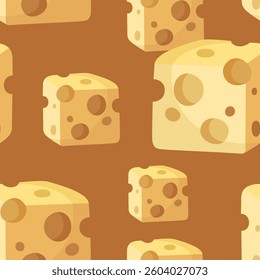 Cheese cubes vector seamless pattern. Pieces with many big holes texture. Slice and dice print. Funny food element background. Bright cartoon art for snack, sauce, chips package. Сraft product concept