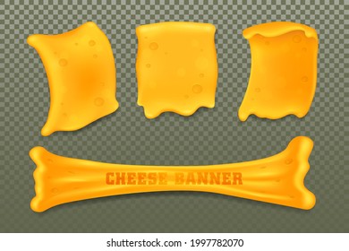 Fijación de plantillas de queso o cuajada. Pancartas vectoriales realistas de productos lácteos pegajosos, refrigerios en rodajas. Elementos de queso cheddar estirado y fundido. Textura de estiramiento, burla en blanco. Alimentos lácteos naturales.