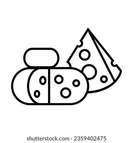Käse geschnitten in große Stücke einzeln auf Weiß. Gesund essen. Food Piktogramm Symbol. Einfache, dünne Linie, schwarz-weiß, Vektorsymbol