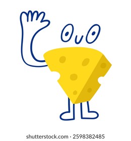 Cheese. Cute character waving. Flat vector hand drawn illustration on white background.