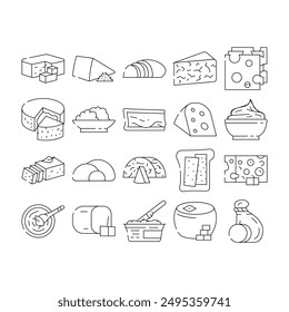 Cheese Dairy Delicious Nutrition Icons Set Vector. Cheddar And Mozzarella, Blue Cheese And Feta, Gouda And Camembert, Swiss And Mascarpone Milky Eatery Food. Tasty Nutrient Black Contour Illustrations