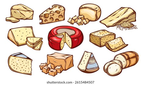 Cheese and dairy products line icons set. Outline hand drawn Parmesan and Pecorino Romano, Emmental and Monterey Jack, Havarti, Cheddar blocks cut into slices. Cheese mascot, icons vector illustration