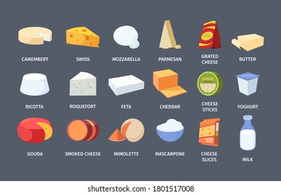 Cheese and dairy products set. Yogurt and pack fresh butter bottle of milk white cheeses with roquefort and feta mold round smoked orange triangle in passing soft pizza mozzarella. Vector cartoon.