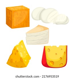 cheese dairy set cartoon. white food, cheddar parmesan swiss gouda mozzarella, slice gourmet delicatessen yellow italian food cheese dairy vector illustration