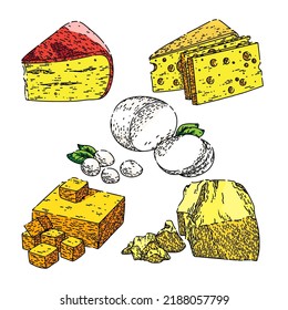 cheese dairy set hand drawn vector. white food, cheddar parmesan swiss gouda mozzarella, slice gourmet delicatessen yellow italian food cheese dairy sketch. isolated color illustration