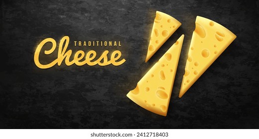 Cheese dark background. Holland cheeses top view on black kitchen stone table, rustic dairy organic products cheddar gouda parmesan, cook sandwich pizza vector illustration of cheese holland piece