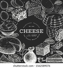 Cheese design template. Hand drawn vector dairy illustration on chalk board. Engraved style different cheese kinds banner. Retro food background.