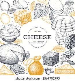 Cheese design template. Hand drawn vector dairy illustration. Engraved style different cheese kinds banner. Retro food background.