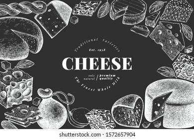 Cheese design template. Hand drawn vector dairy illustration on chalk board. Engraved style different cheese kinds banner. Vintage food background.