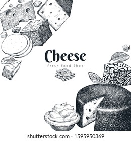Cheese design template. Hand drawn vector dairy illustration. Engraved style different cheese kinds banner. Retro food background.