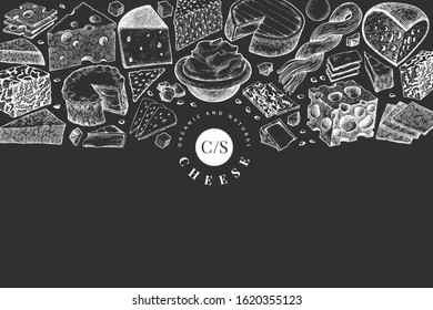 Cheese design template. Hand drawn vector dairy illustration on chalk board. Engraved style different cheese kinds banner. Retro food background.