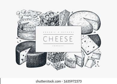 Vorlage für Käsedesign. Handgezeichnete Vektorgrafik der Molkerei. Banner mit verschiedenen Käsesorten im gravierten Stil. Hintergrund für Retro-Lebensmittel.