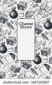 Cheese design template. Hand drawn vector dairy illustration. Engraved style different cheese kinds banner. Retro food background.