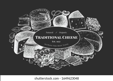 Cheese design template. Hand drawn vector dairy illustration on chalk board. Engraved style different cheese kinds banner. Vintage food background.