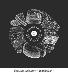 Cheese design template. Hand drawn vector dairy illustration on chalk board. Engraved style different cheese kinds banner. Vintage food background.