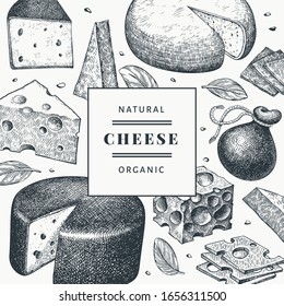 Cheese design template. Hand drawn vector dairy illustration. Engraved style different cheese kinds banner. Retro food background.