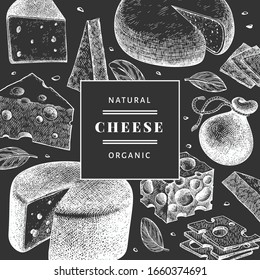 Cheese design template. Hand drawn vector dairy illustration on chalk board. Engraved style different cheese kinds banner. Retro food background.