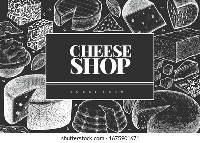 Cheese design template. Hand drawn vector dairy illustration on chalk board. Engraved style different cheese kinds banner. Vintage food background.