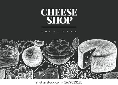 Cheese design template. Hand drawn vector dairy illustration on chalk board. Engraved style different cheese kinds banner. Vintage food background.