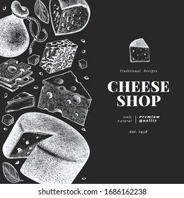 Cheese design template. Hand drawn vector dairy illustration on chalk board. Engraved style different cheese kinds banner. Vintage food background.