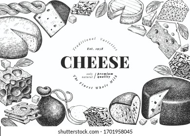 Cheese design template. Hand drawn vector dairy illustration. Engraved style different cheese kinds banner. Retro food background.