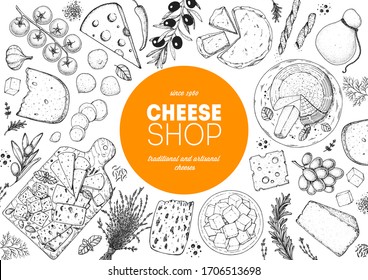 Cheese design template. Hand drawn sketch. Retro food background. Different cheese kinds banner. Dairy farm products cheese.