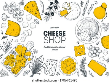 Cheese design template. Hand drawn sketch. Retro food background. Different cheese kinds banner. Dairy farm products cheese.