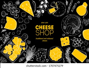 Käsedesign-Vorlage. Handgezeichnete Skizze. Retro-Lebensmittelhintergrund. Verschiedene Käsesorten Banner. Käse aus Milchprodukten.