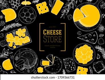 Cheese design template. Hand drawn sketch. Retro food background. Different cheese kinds banner. Dairy farm products cheese.