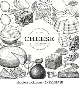 Käsedesign-Vorlage. Handgezeichnete Vektorillustration, Milchgrafik. Graviert Stil verschiedene Käsearten Banner.  Vintage-Lebensmittelhintergrund.